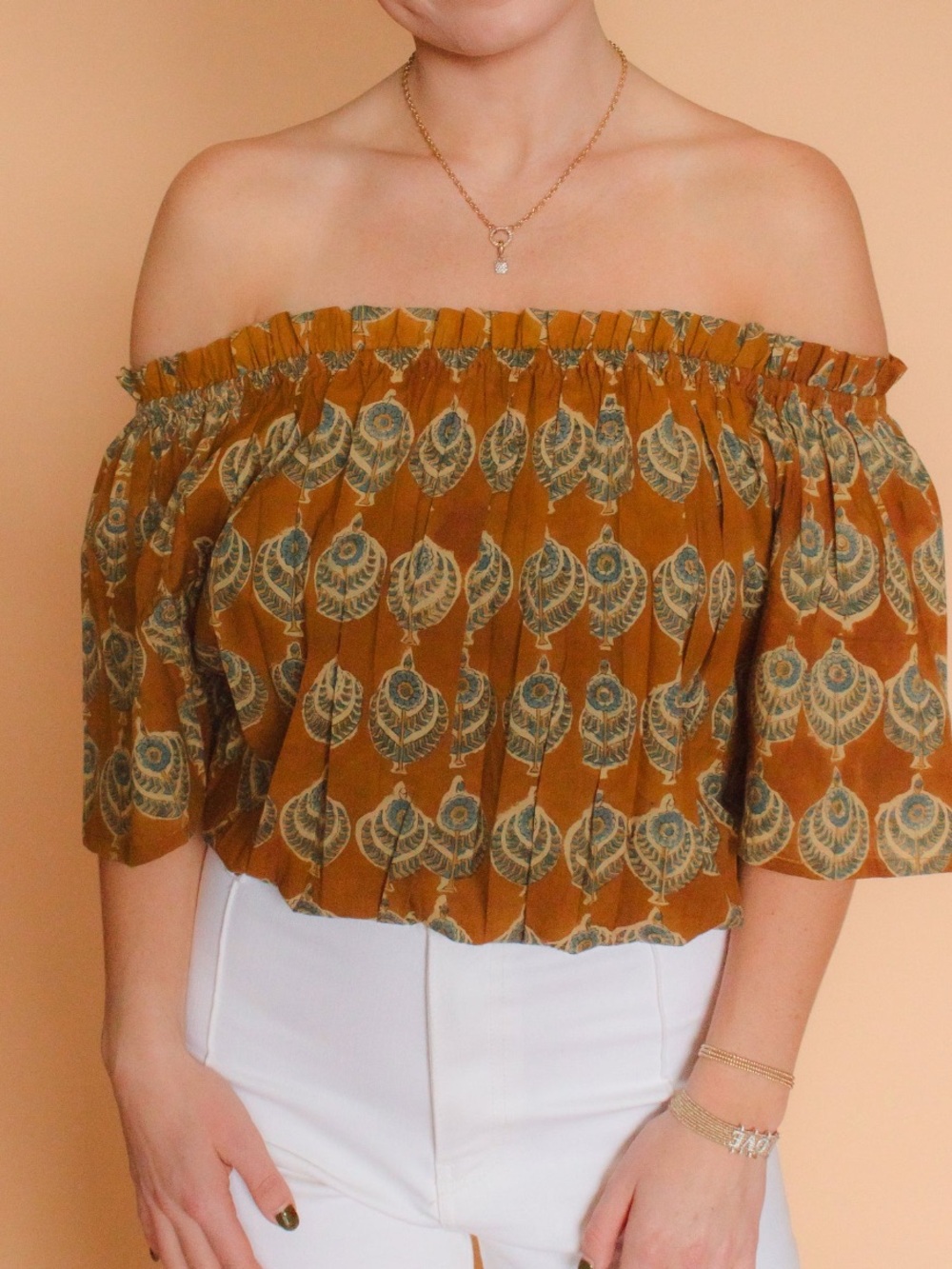 Rust Off-Shoulder Floral Crop Top
